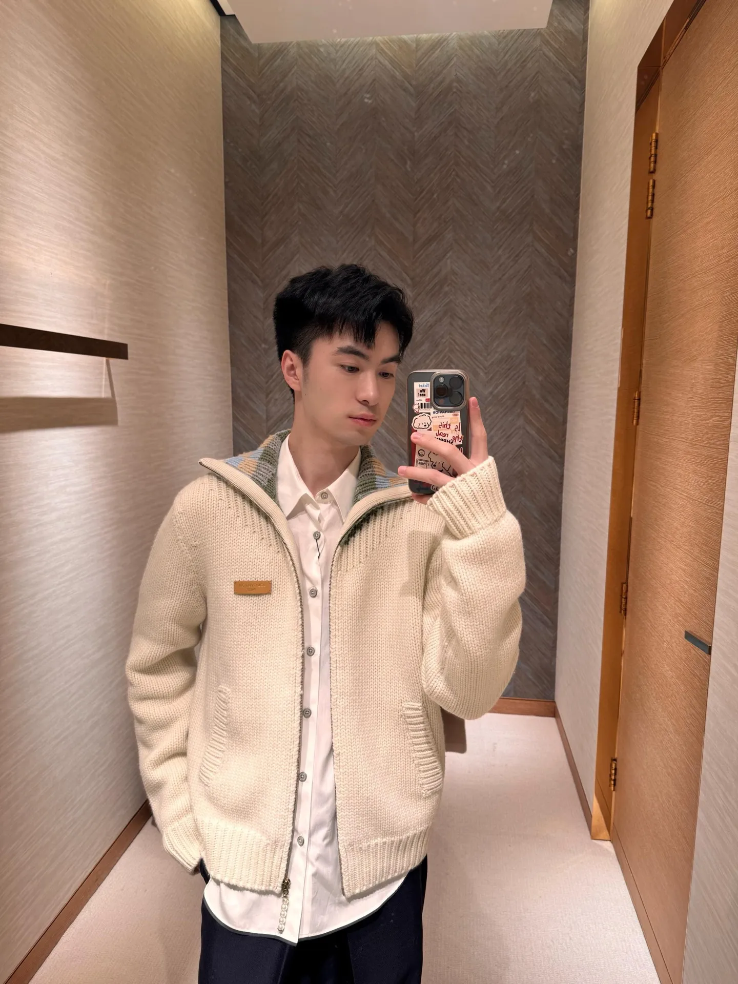 Louis Vuitton/Louis Vuitton leather checkerboard intarsia stand-up collar sweater jacket